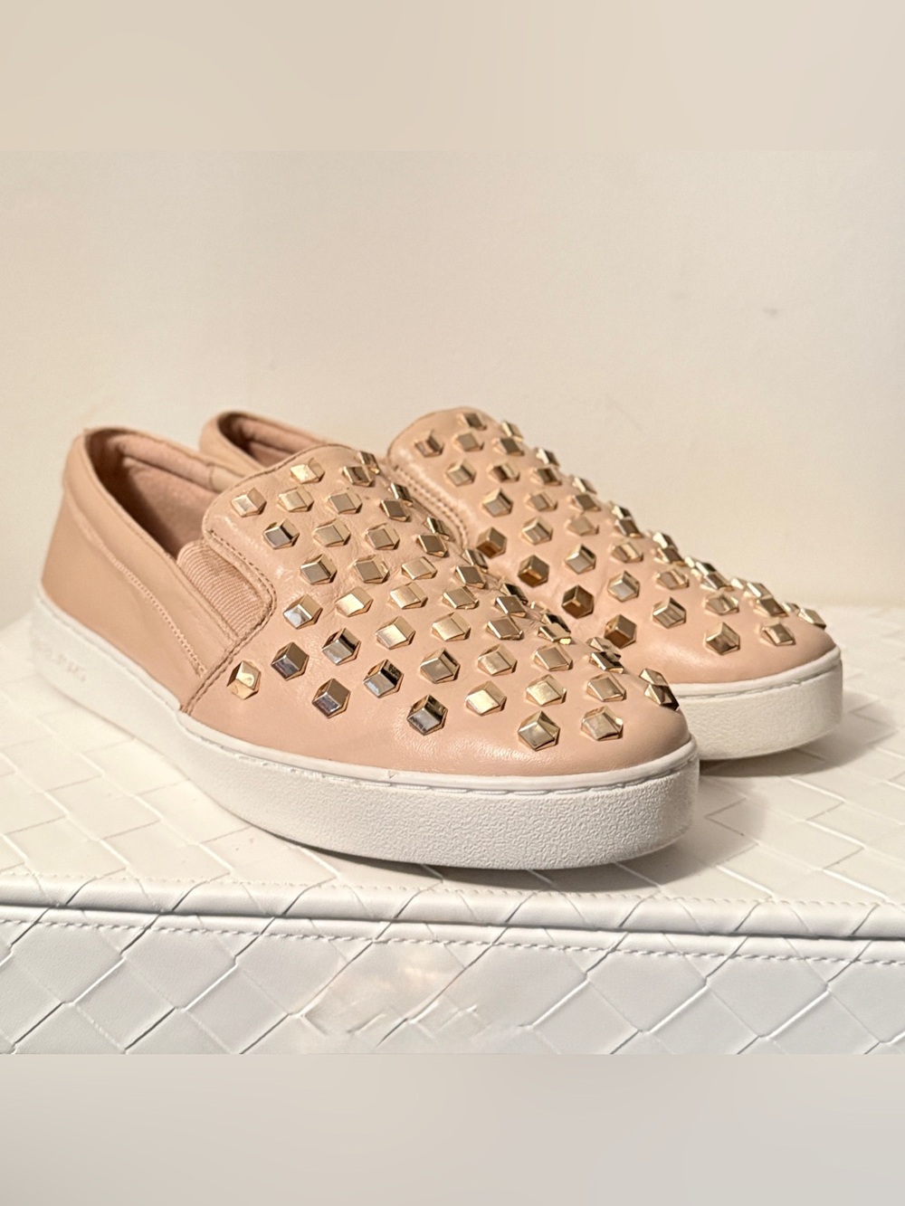 MICHAEL Michael Kors Keaton Studded Leather Slip On Sneakers Blush Pink Gold 9M